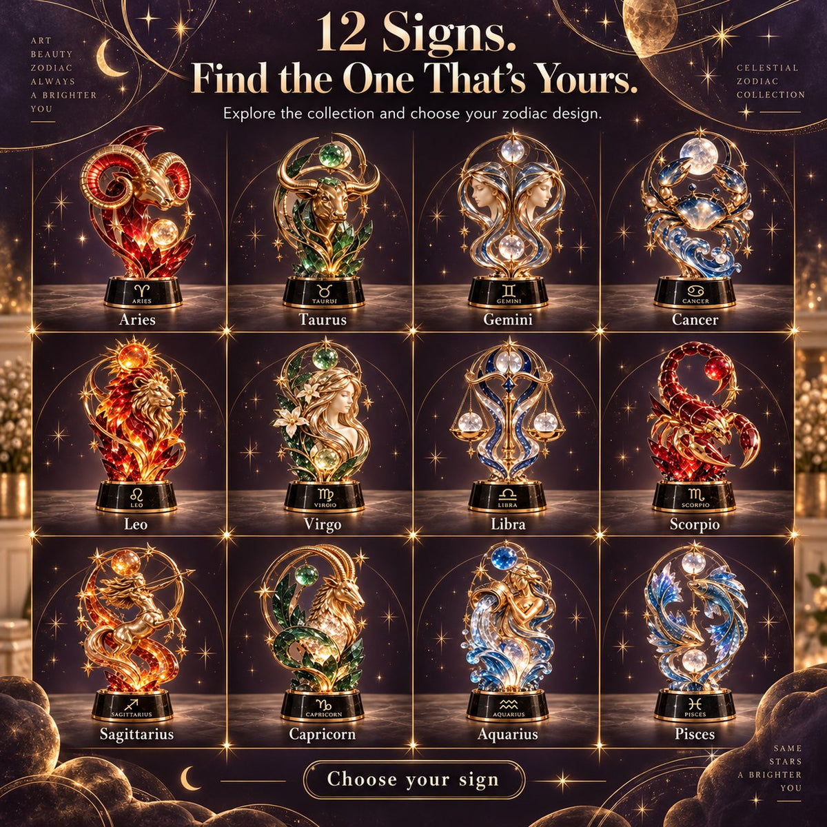 โณ Last Day 49% OFF โ ๐ Celestial Zodiac Sculpture | 12 Jewel-Like Zodiac Designs with Golden Details โจ