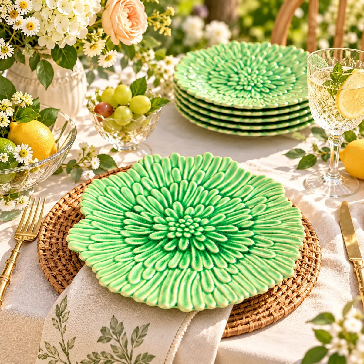 Vintage Green Embossed Chrysanthemum Dinner Plate, Majolica Style Ceramic, 11 Inch