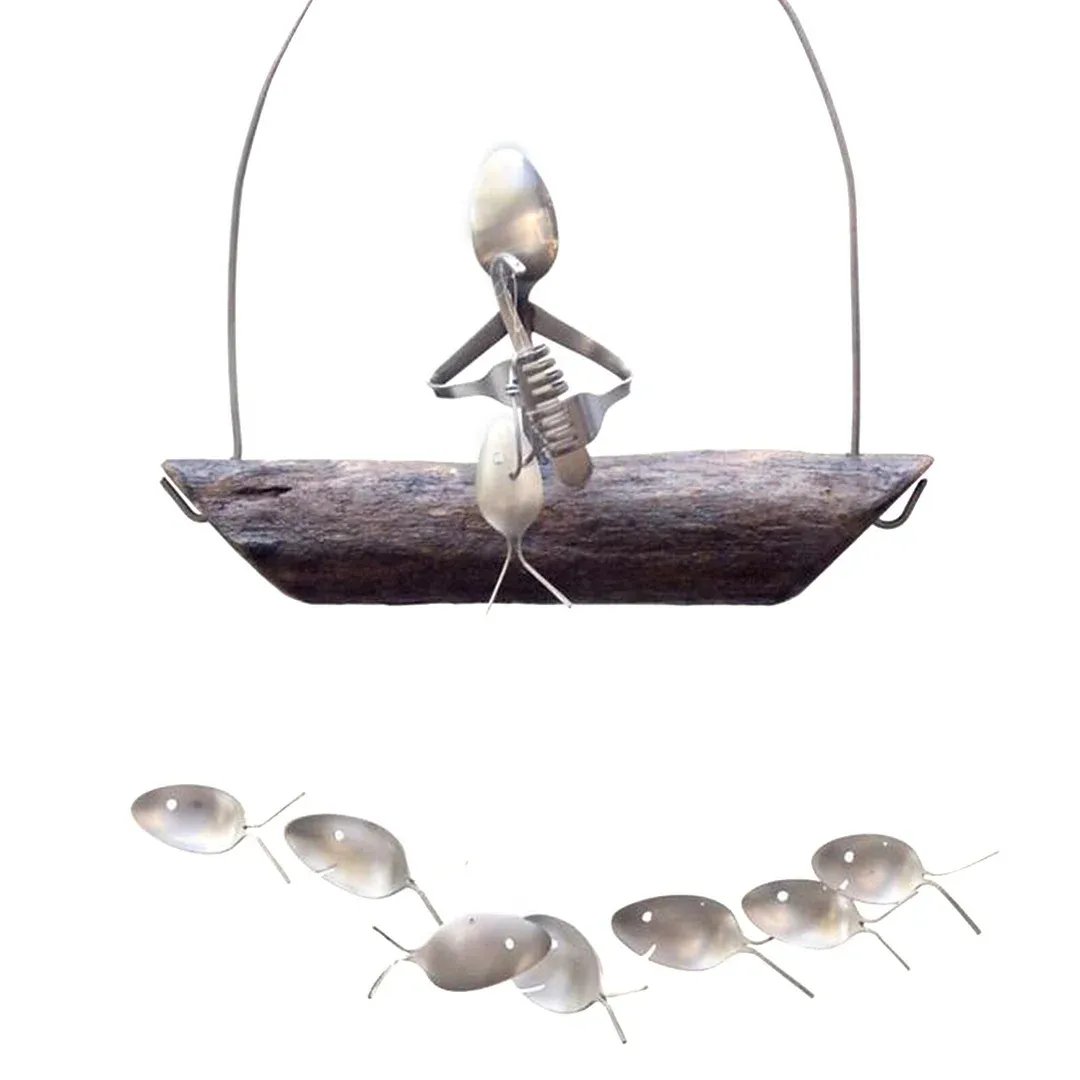 ❤️Handmade Fisherman Man Spoon Fish Sculpture Wind Chime