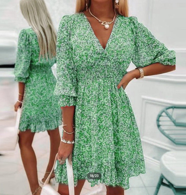 Bohemian printed short-sleeved floral dress