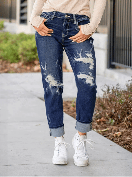 🔥Tummy Control Distressed Cuffed Boyfriend Jeans