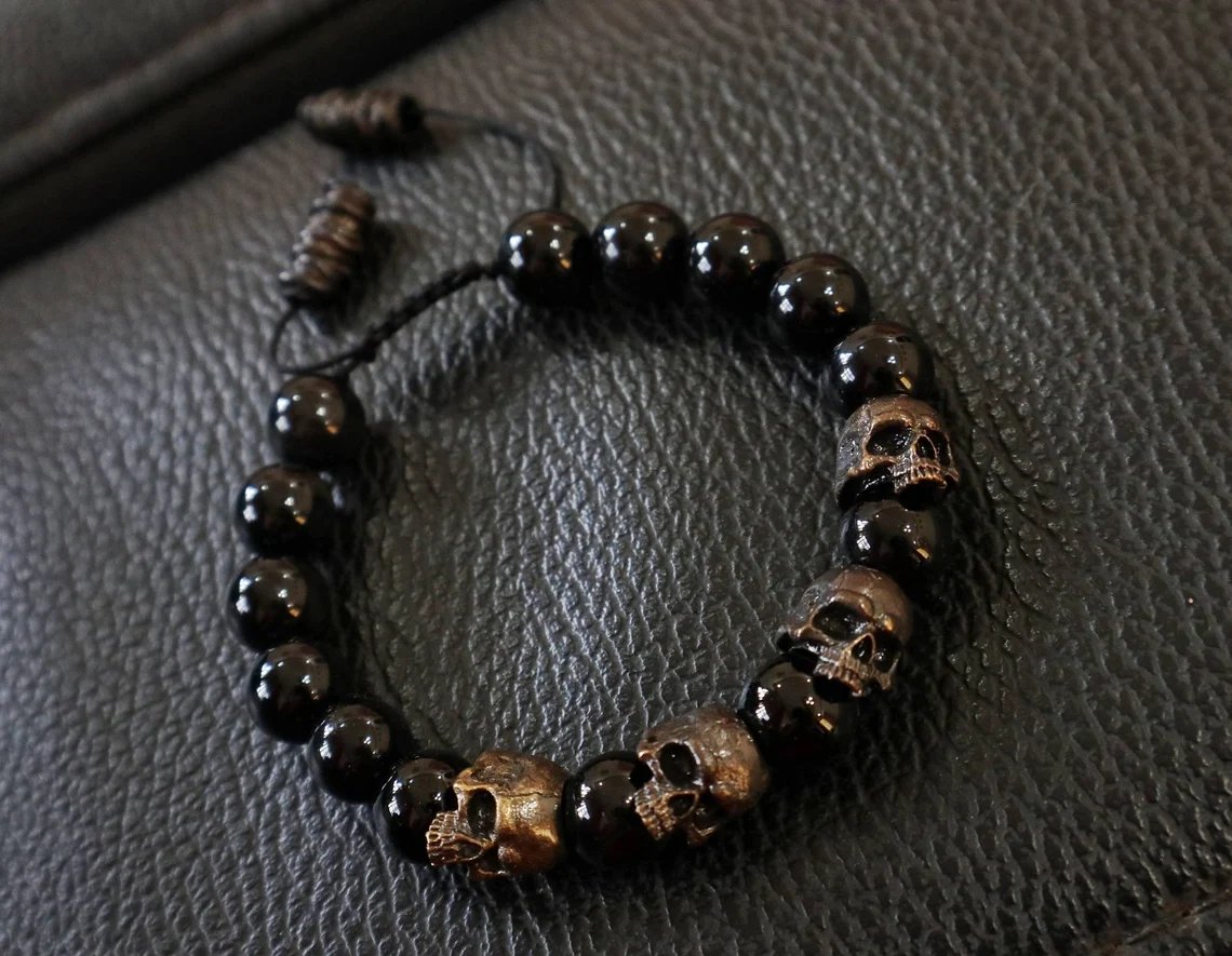 Black Zirconia Skull Army Agate Bead Bracelet
