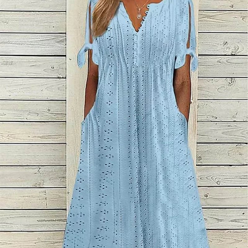 💃Women's Elegant V-Neck Hollow-Out Solid Dress - Buy 2 and get free shipping!
