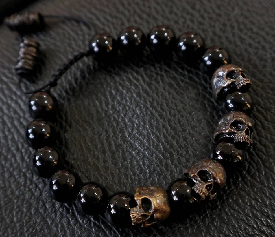 Black Zirconia Skull Army Agate Bead Bracelet