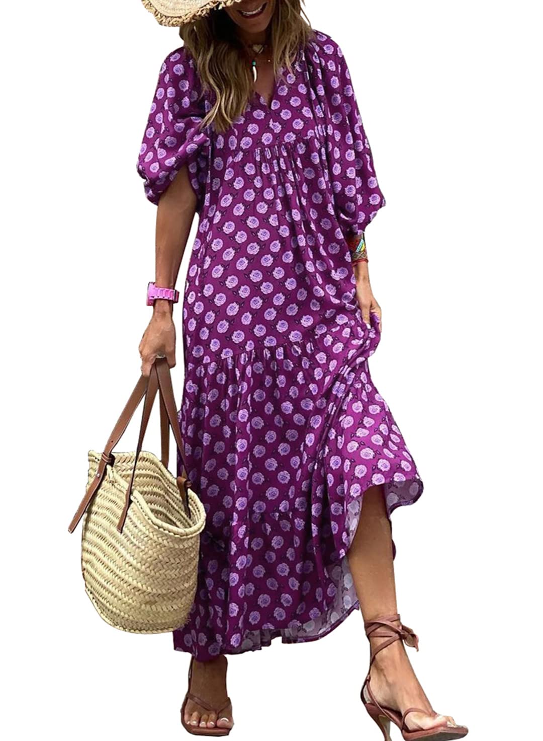 womens puff sleeve geometric bohemian maxi dresses