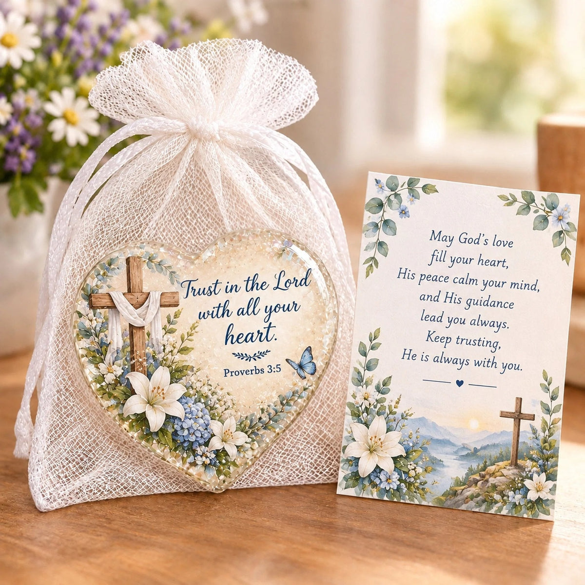 ✝️ Christian Faith Heart Keepsake with Prayer Card & Organza Bag