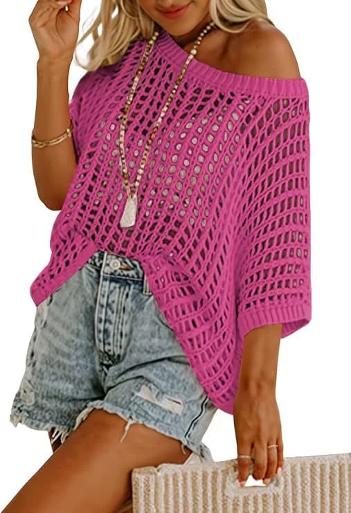 π Womens Summer Scoop Neck ShortSleeve Sweater Casual Crochet Hollow Out KnitTops