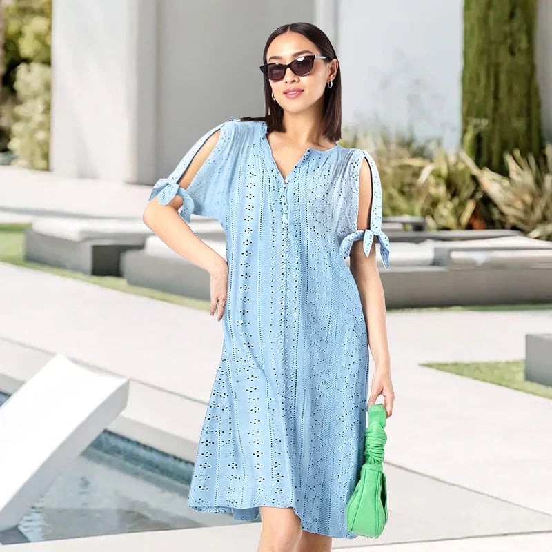 💃Women's Elegant V-Neck Hollow-Out Solid Dress - Buy 2 and get free shipping!