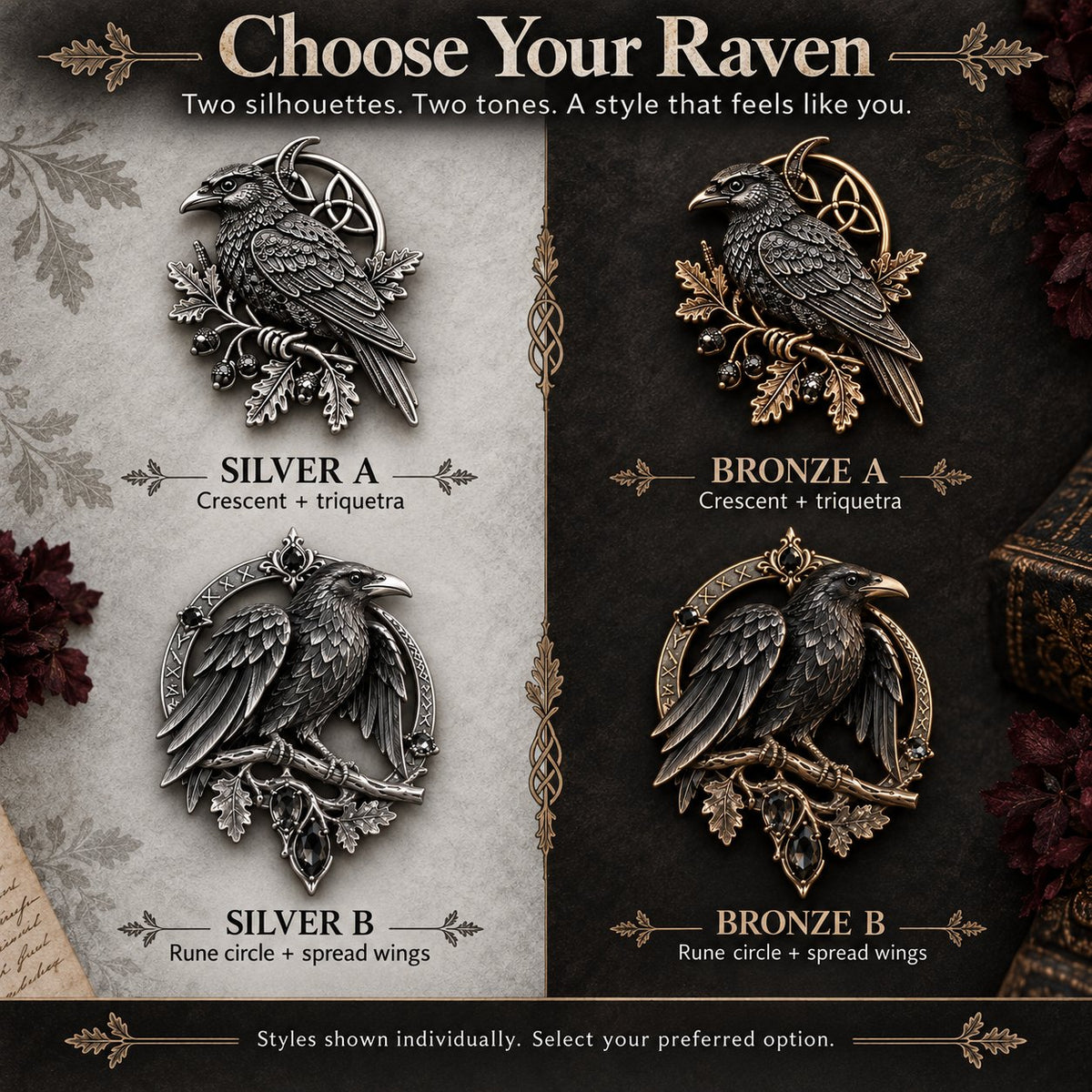 🐦⬛ Gothic Celtic Raven Brooch | 4 Single-Brooch Styles