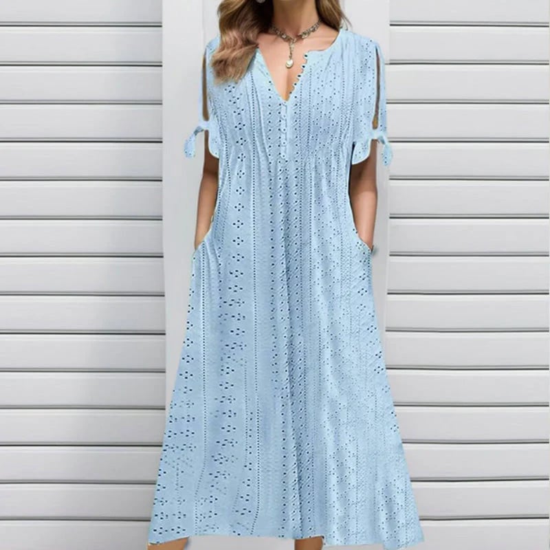 💃Women's Elegant V-Neck Hollow-Out Solid Dress - Buy 2 and get free shipping!
