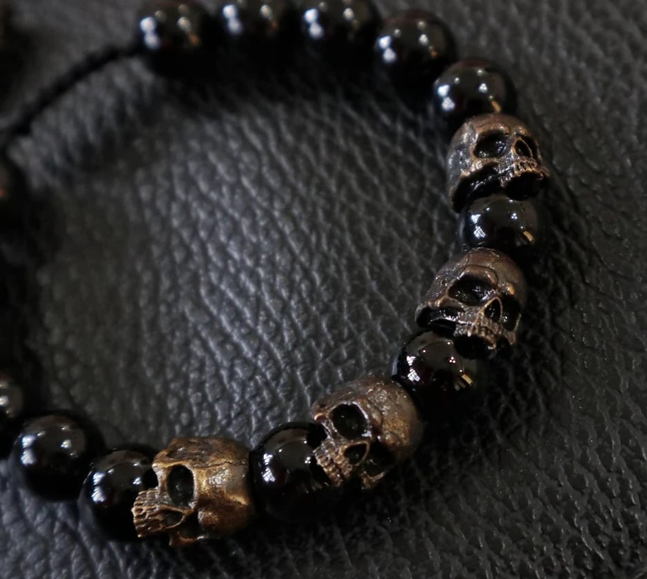 Black Zirconia Skull Army Agate Bead Bracelet