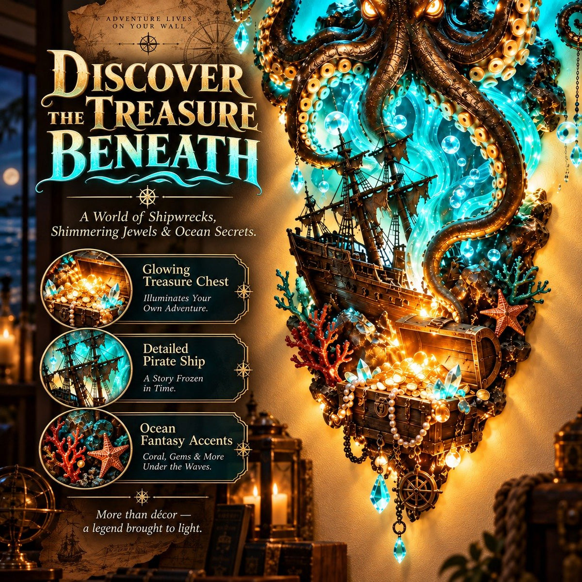 Octopus Wall Lamp with Pirate Ship and Treasure โ A Legend from the Depths for Your Wall