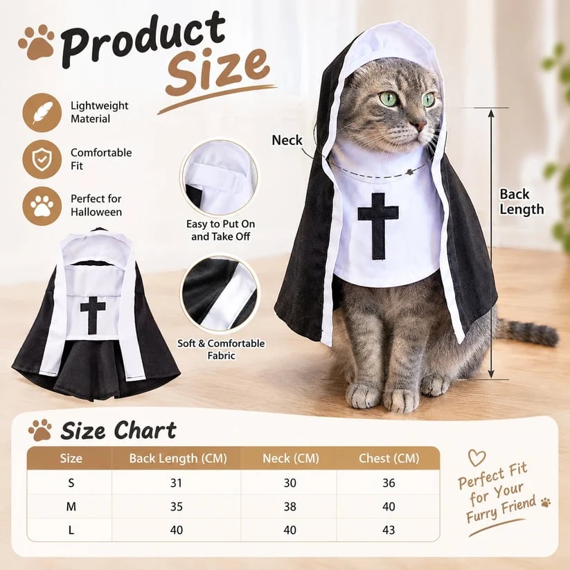 πββ¬ Holy Catβ’ Nun Costume β Funny Halloween Cat Outfit, Cute Black & White Pet Costume for Photos & Cat Lovers π