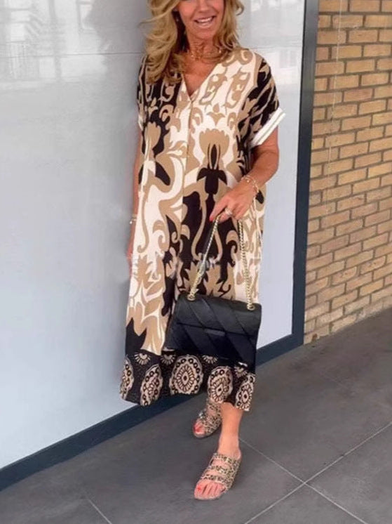 Printed V Neck Loose Midi Dress