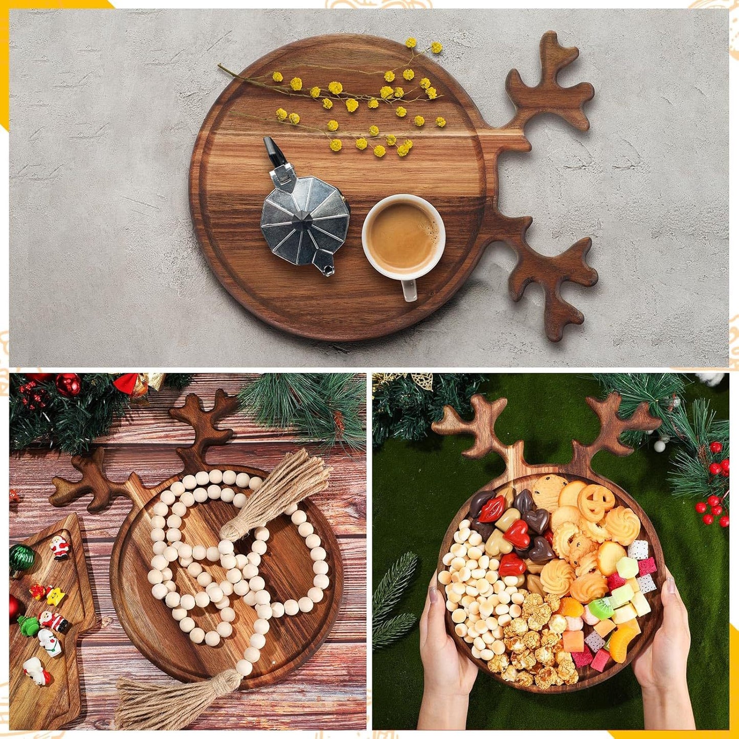 Christmas Antler Acacia Wood Cheese Board – Elegant Holiday Serving Tray