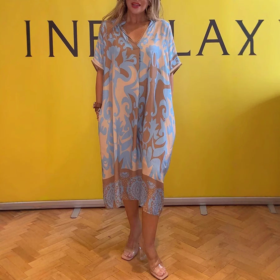 Printed V Neck Loose Midi Dress