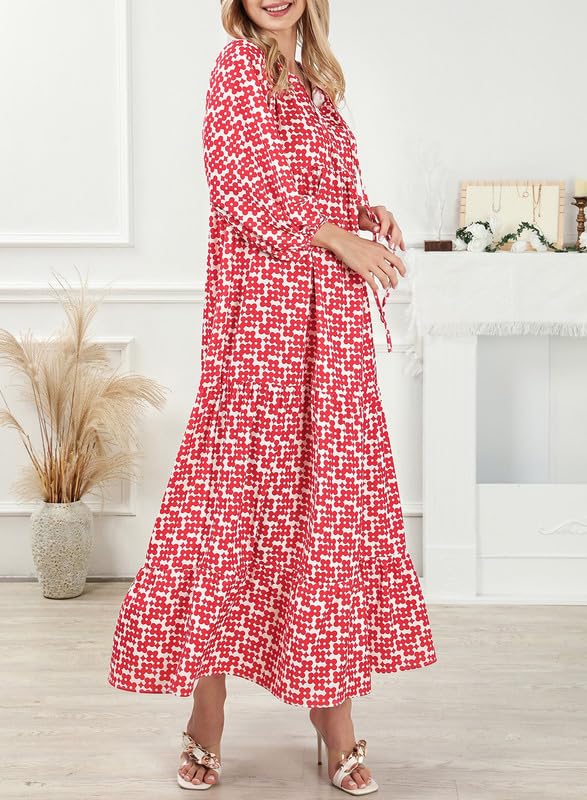 womens puff sleeve geometric bohemian maxi dresses