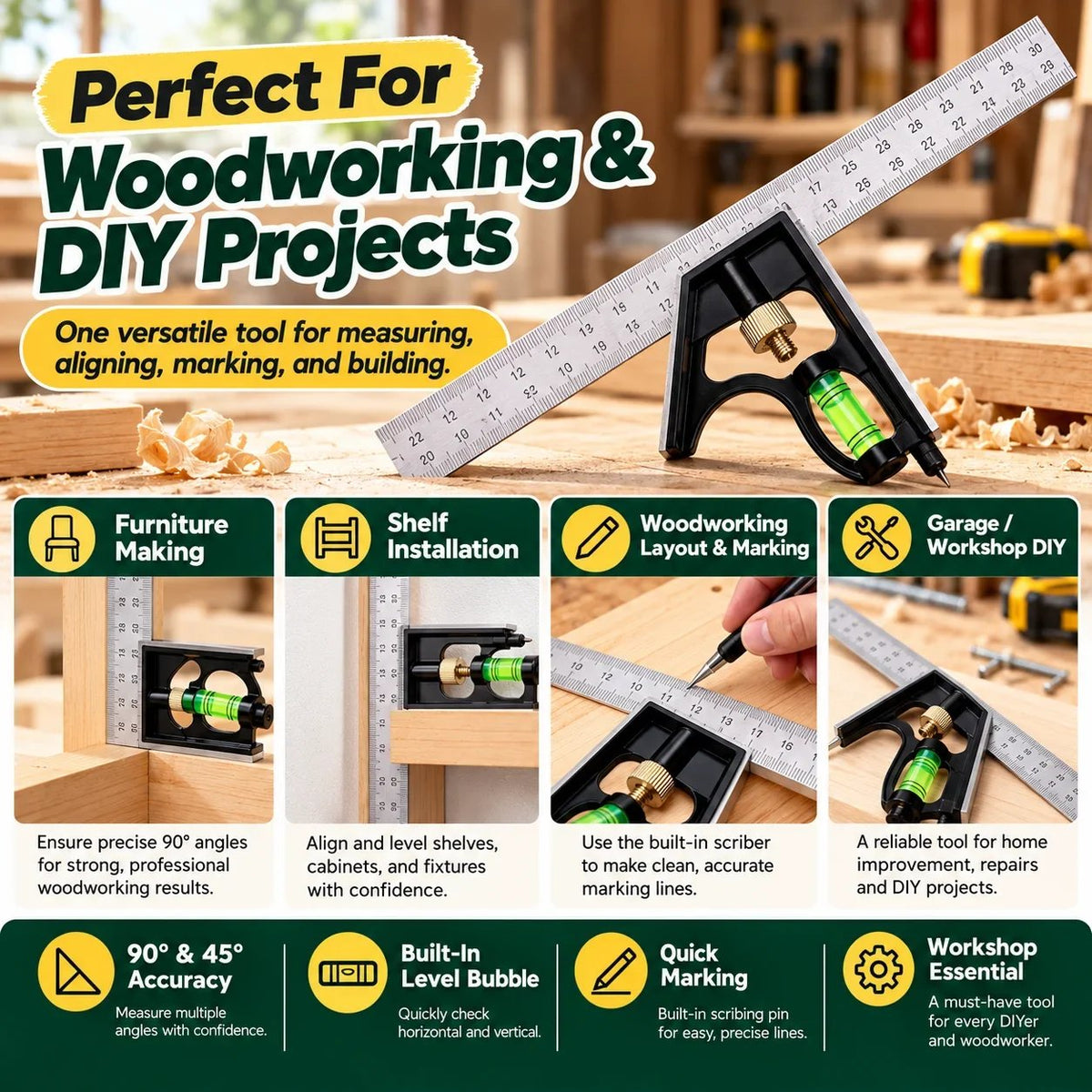🔨Precision Combination Square Tool – 300mm Adjustable Carpenter Square with Built-In Level & Scriber for Woodworking DIY Projects