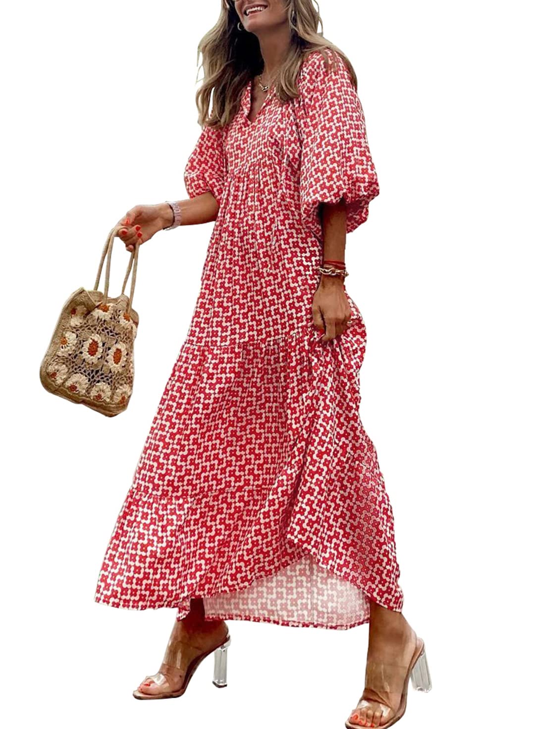 womens puff sleeve geometric bohemian maxi dresses