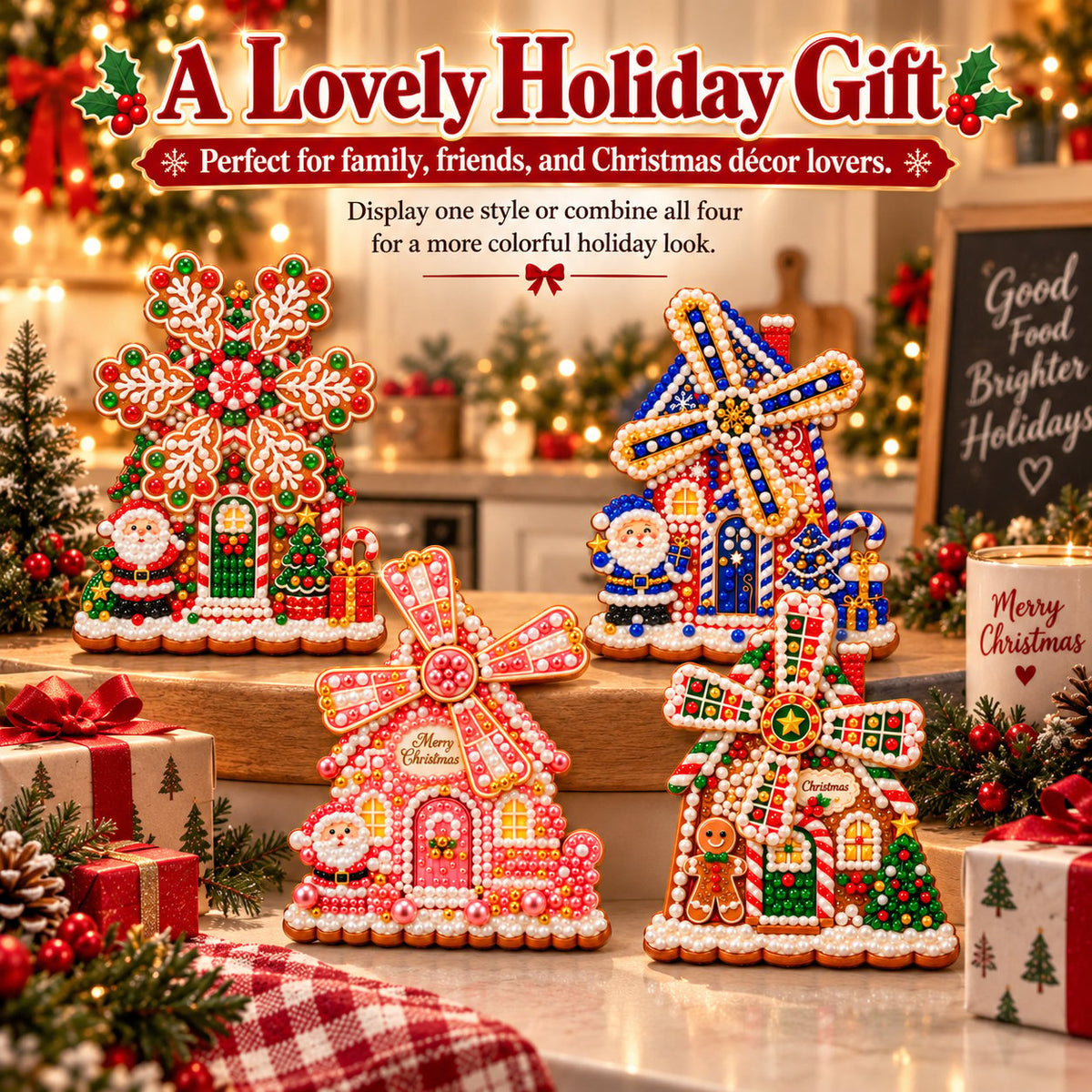 🎄 Wooden Christmas windmill decoration with rotating sails – 4 festive designs