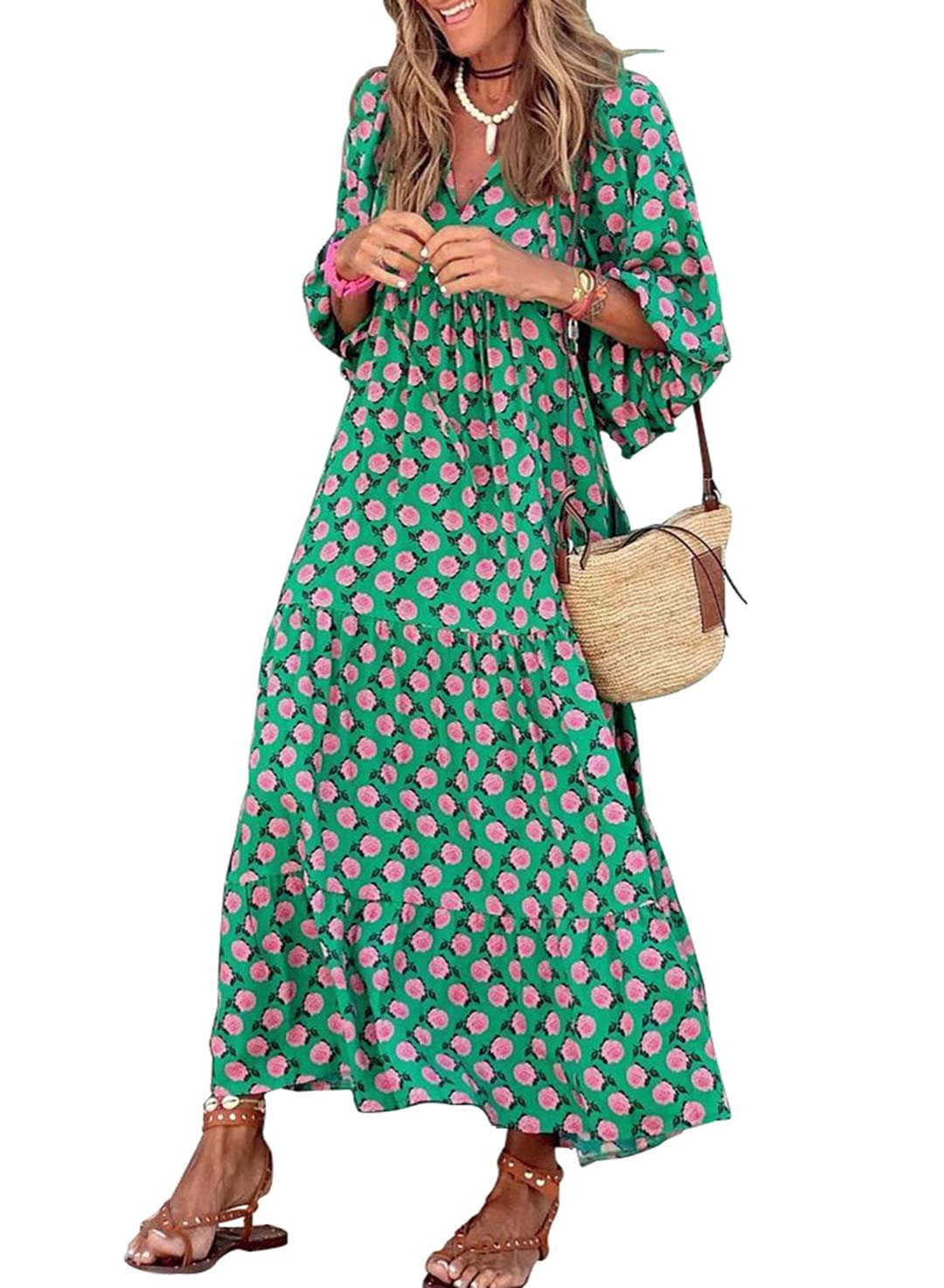 womens puff sleeve geometric bohemian maxi dresses
