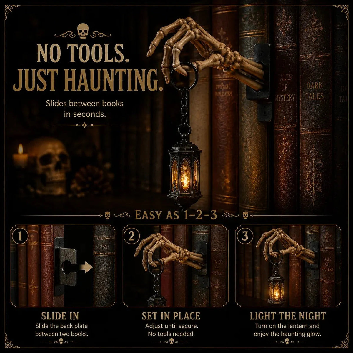 Gothic Skeleton Hand LED Lantern for Moody Bookshelf Decor