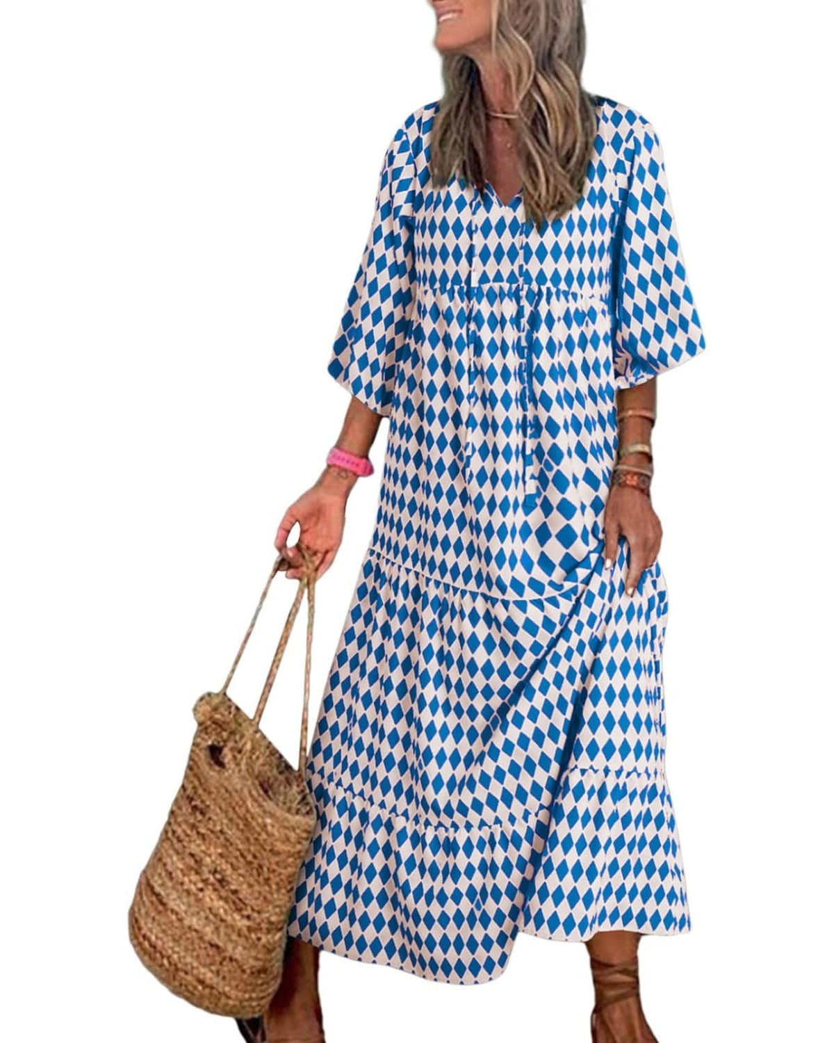womens puff sleeve geometric bohemian maxi dresses