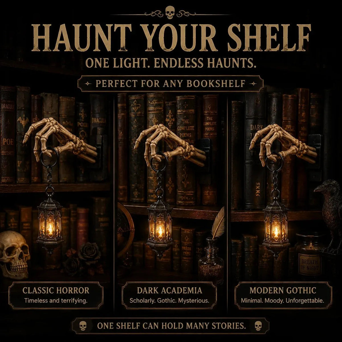 Gothic Skeleton Hand LED Lantern for Moody Bookshelf Decor