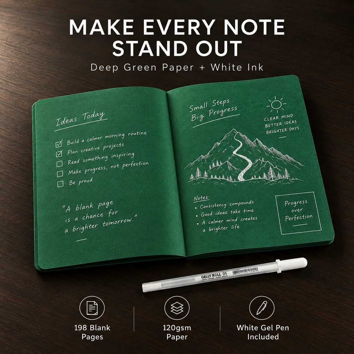 🔥HOT SALE 49% OFF - 📖Deep Green Blank Notebook with White Gel Pen | Aesthetic Writing & Sketch Journal