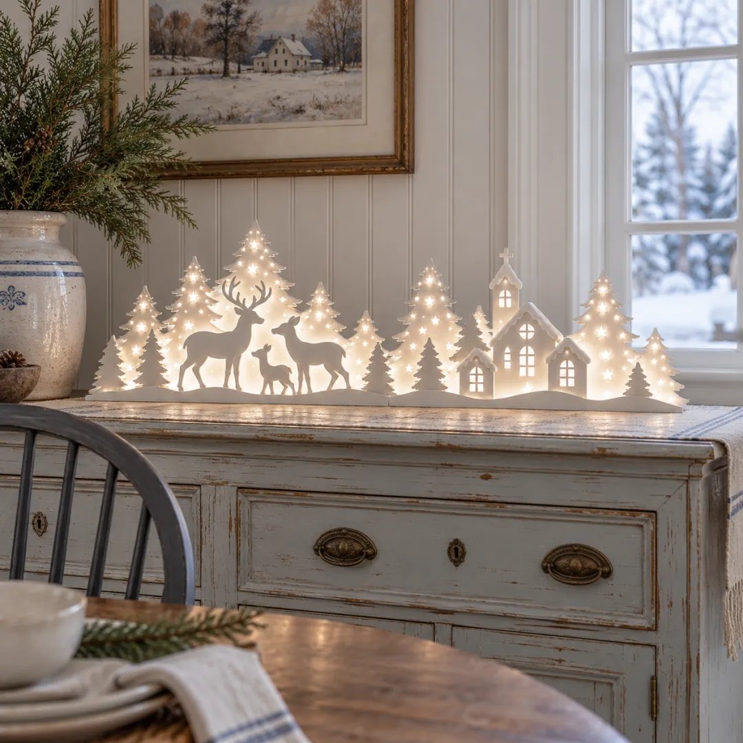 🦌 LED Christmas Deer & Village Window Decor | 2-Piece Lighted Scene