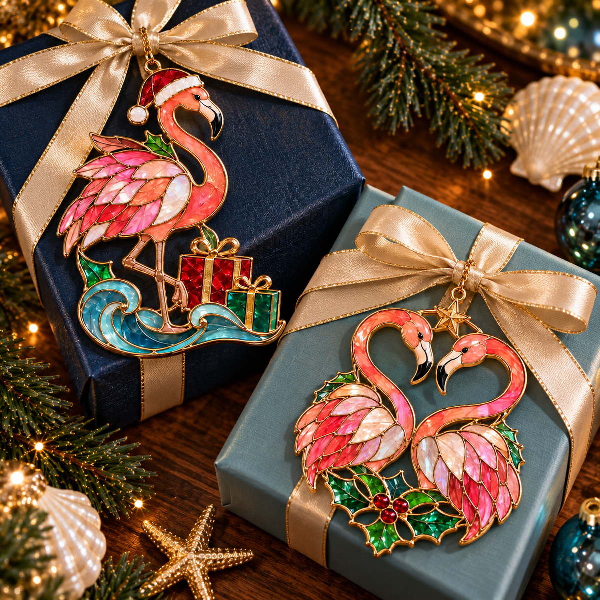 Coastal Christmas Flamingo Ornaments – Vintage Stained-Glass Style, 6-Piece Set