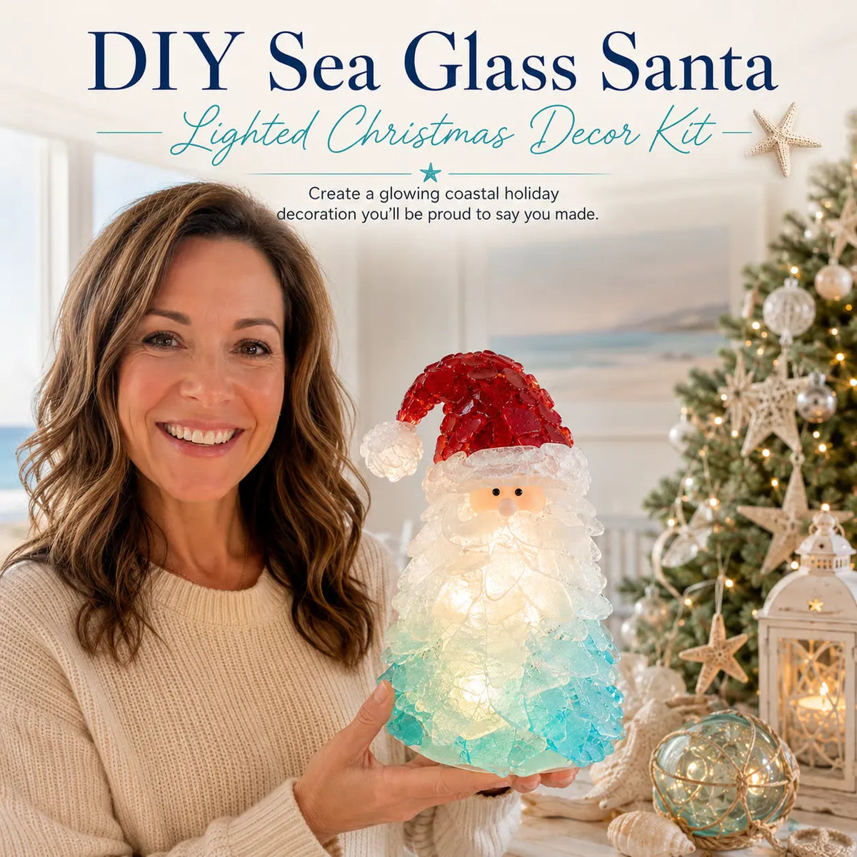 🔥Last Day 49% OFF – 🎅 Beginner-Friendly DIY Lighted Sea Glass Santa Christmas Decor Kit | Complete Kit with Sea Glass Pieces, Warm Fairy Lights & Step-by-Step Guide Included 💕
