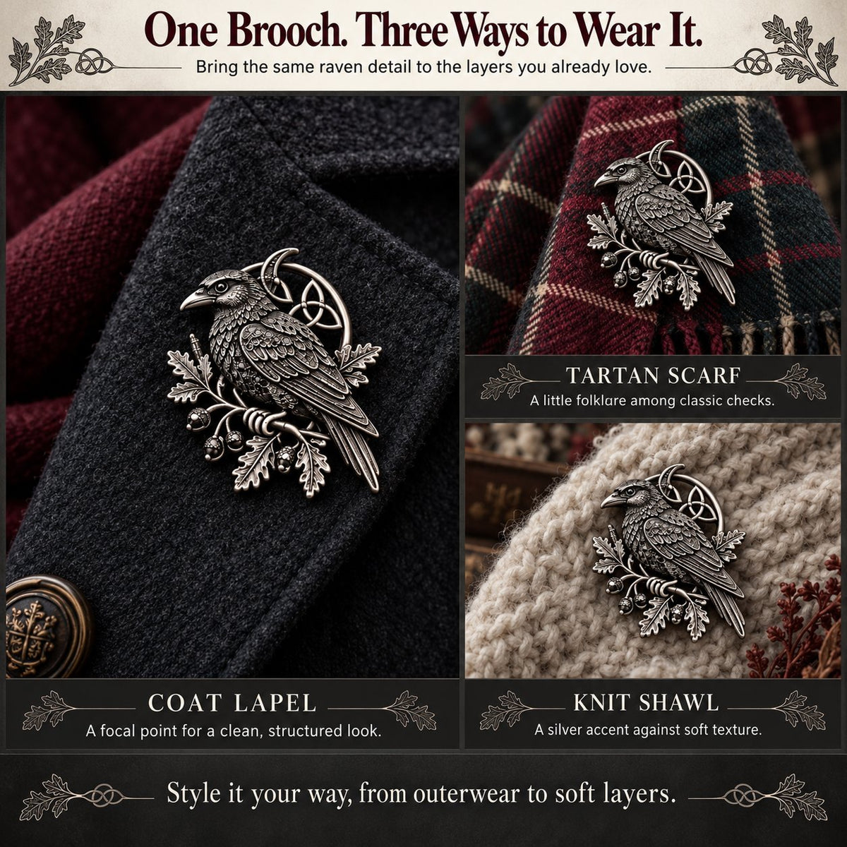 🐦‍⬛ Gothic Celtic Raven Brooch | 4 Single-Brooch Styles