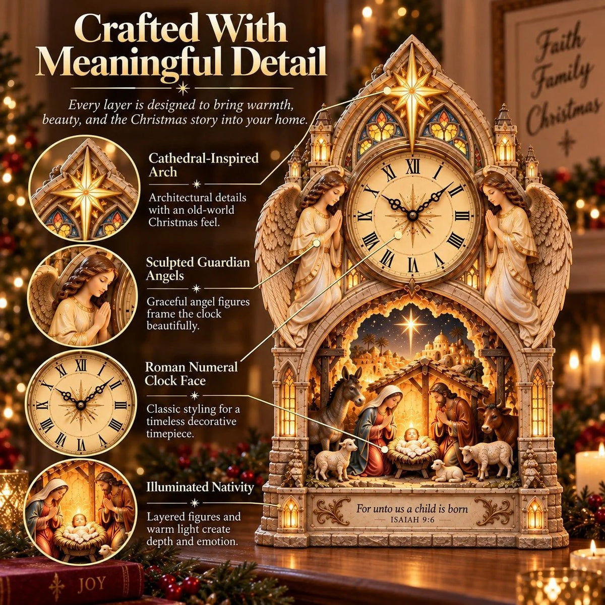 Cathedral-style Bethlehem Nativity clock – the Christmas story bathed in warm light.