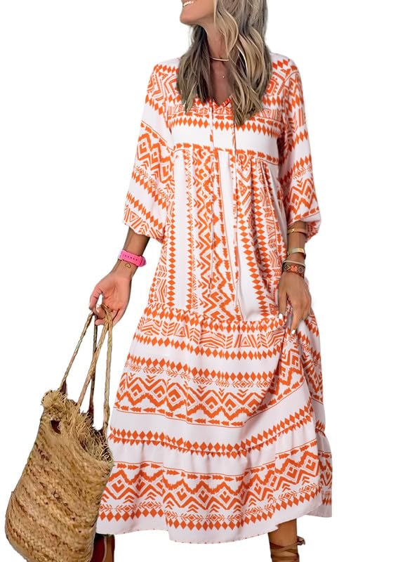 womens puff sleeve geometric bohemian maxi dresses