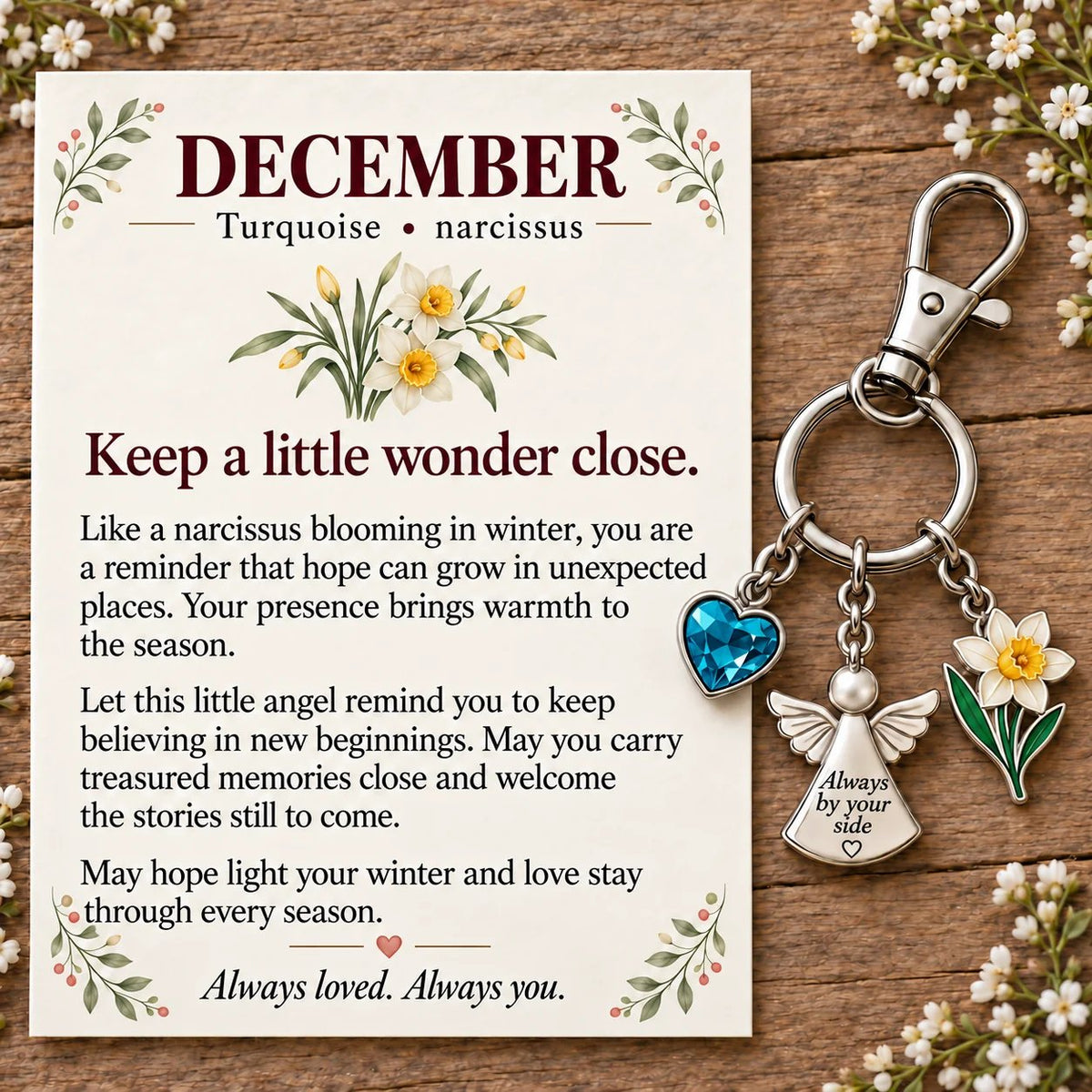🔥LAST DAY 50% OFF - 👼 Always By Your Side: Birth Month Angel & Flower Keychain + Keepsake Card 🌸