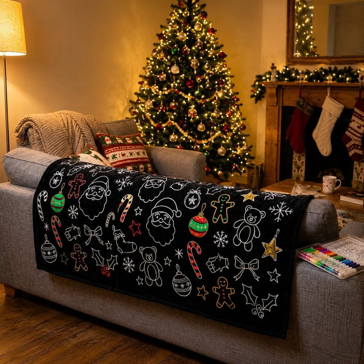 🎨 Fuzzy Velvet Coloring Blanket with 24 Markers | 8 Designs