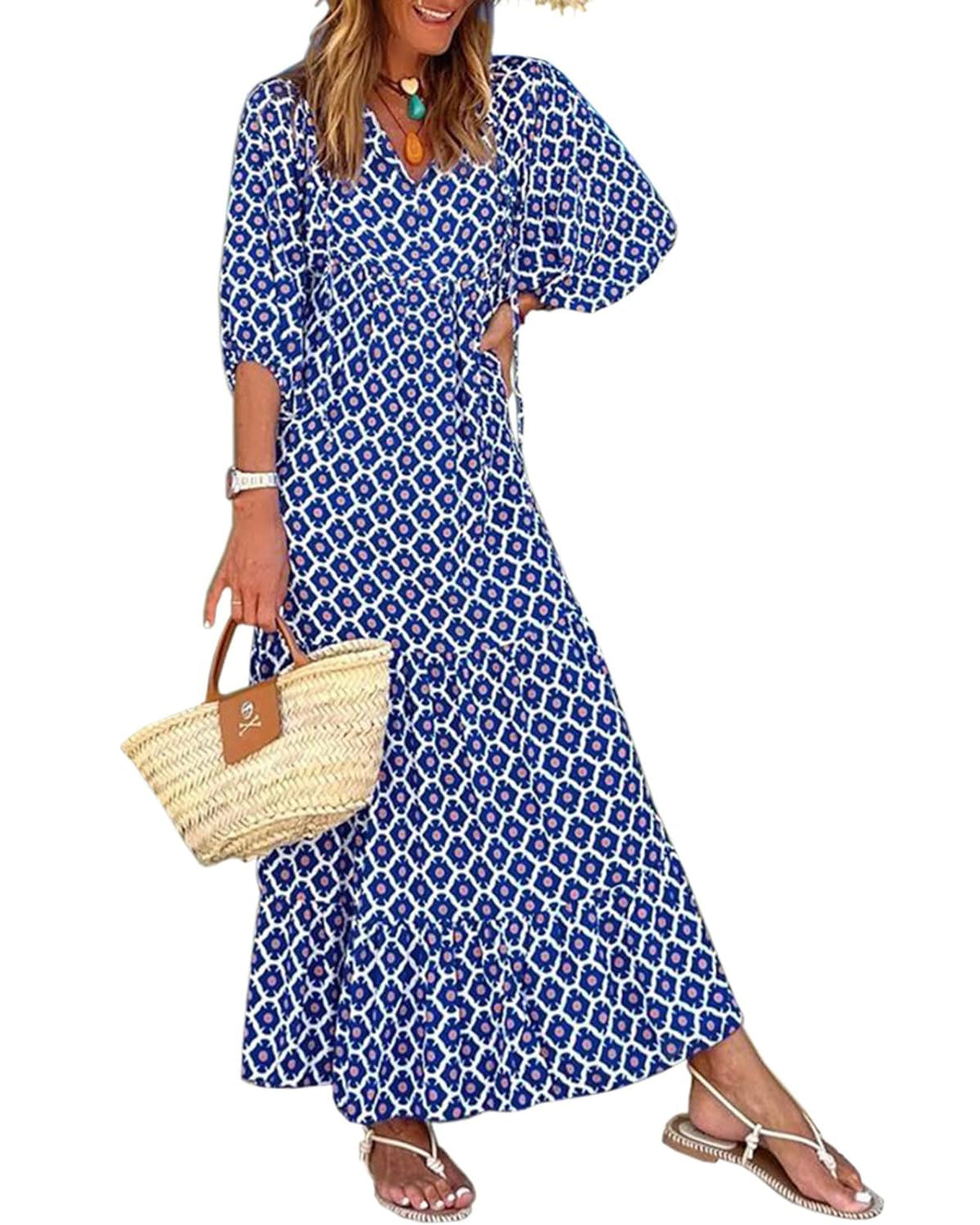 womens puff sleeve geometric bohemian maxi dresses