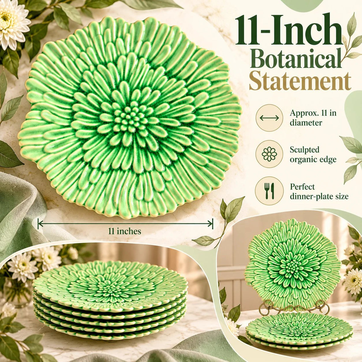 Vintage Green Embossed Chrysanthemum Dinner Plate, Majolica Style Ceramic, 11 Inch