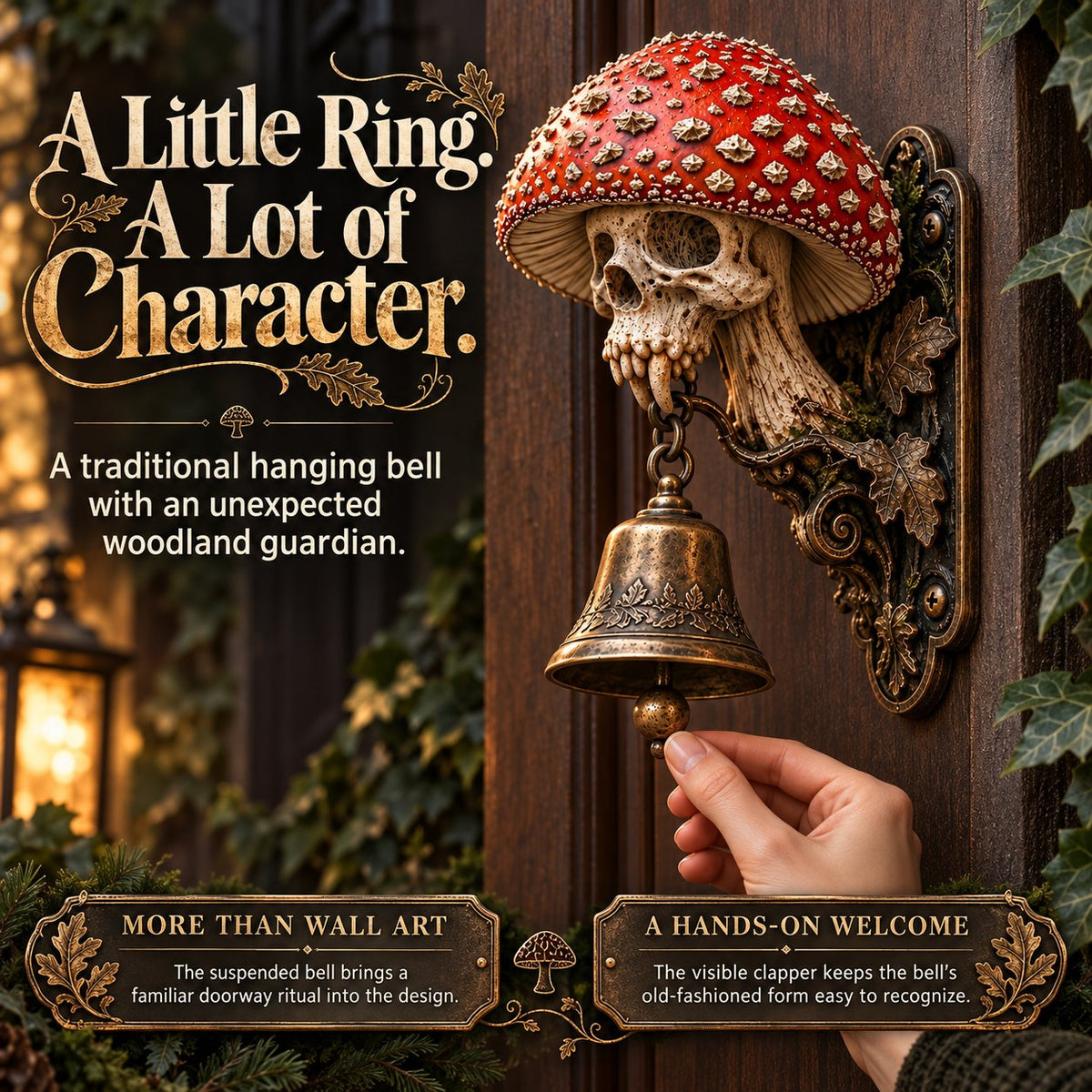 ⏳ Last Day 49% OFF – 🍄 Skullcap Guardian Mushroom Skull Door Bell | Gothic Woodland Décor with Hanging Bell 💀🔔