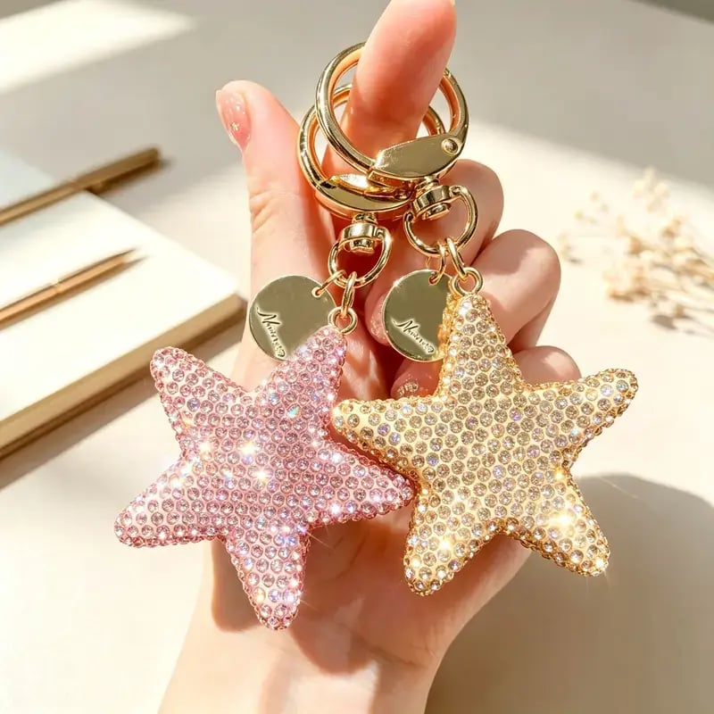 ⭐Full Rhinestone Star Keychain, Cute 3D Star Car Key Ring, Trendy Bag Charm Pendant, Lovely Small Gift, Present for Women & Girls