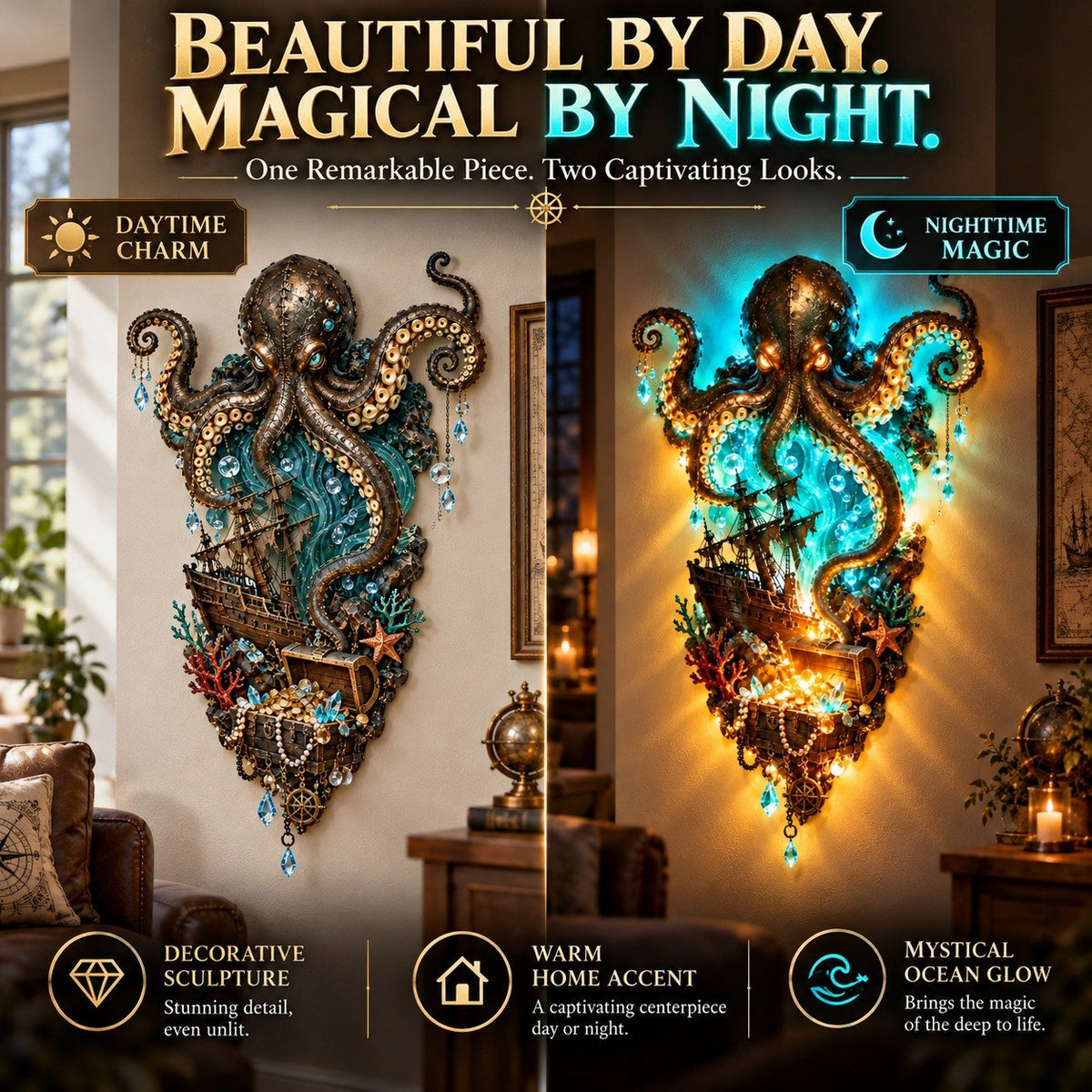Octopus Wall Lamp with Pirate Ship and Treasure – A Legend from the Depths for Your Wall