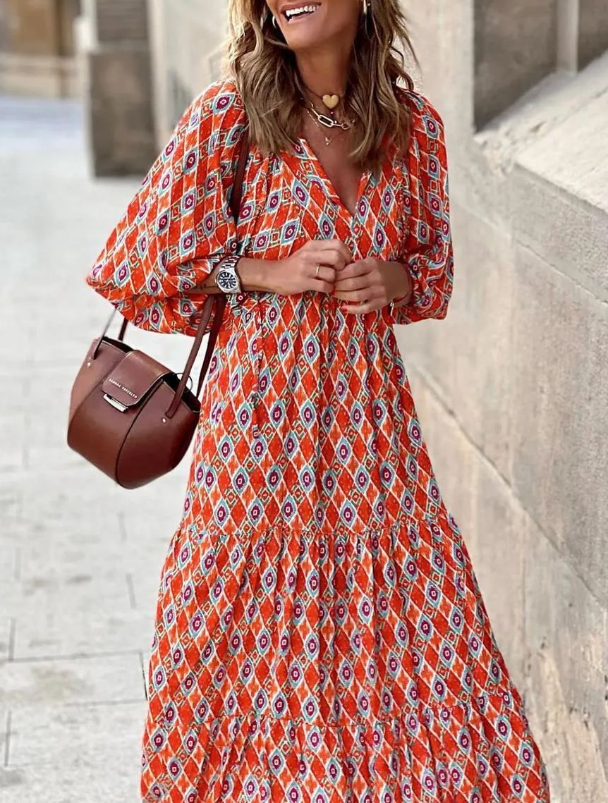 womens puff sleeve geometric bohemian maxi dresses