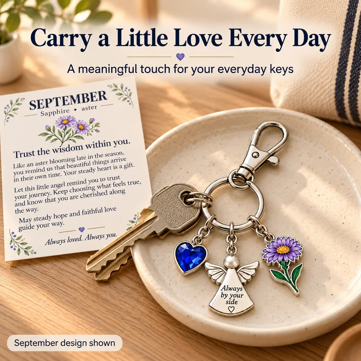 🔥LAST DAY 50% OFF - 👼 Always By Your Side: Birth Month Angel & Flower Keychain + Keepsake Card 🌸