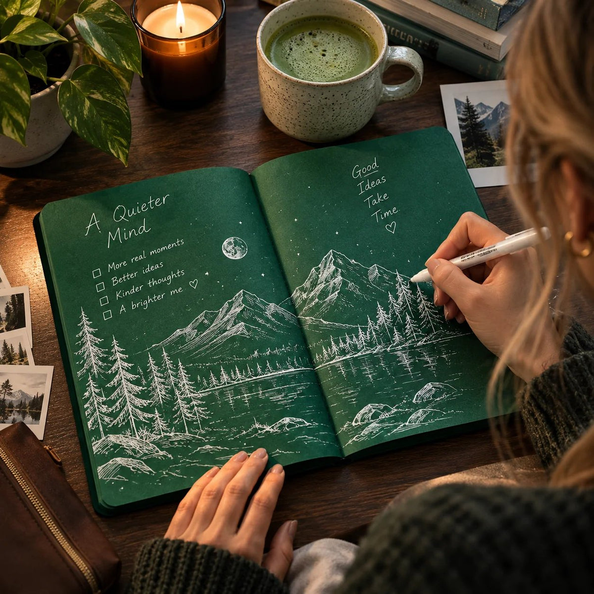 🔥HOT SALE 49% OFF - 📖Deep Green Blank Notebook with White Gel Pen | Aesthetic Writing & Sketch Journal