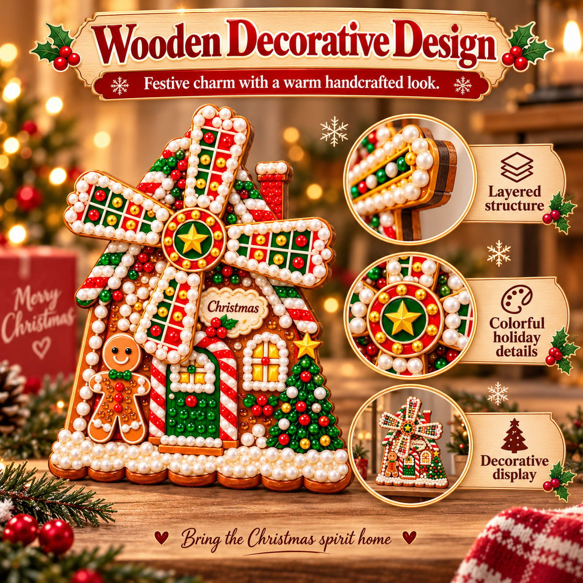 🎄 Wooden Christmas windmill decoration with rotating sails – 4 festive designs