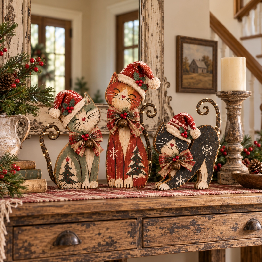 🐱🎄 Vintage Lighted Christmas Cat Trio | Remote Tail Lights