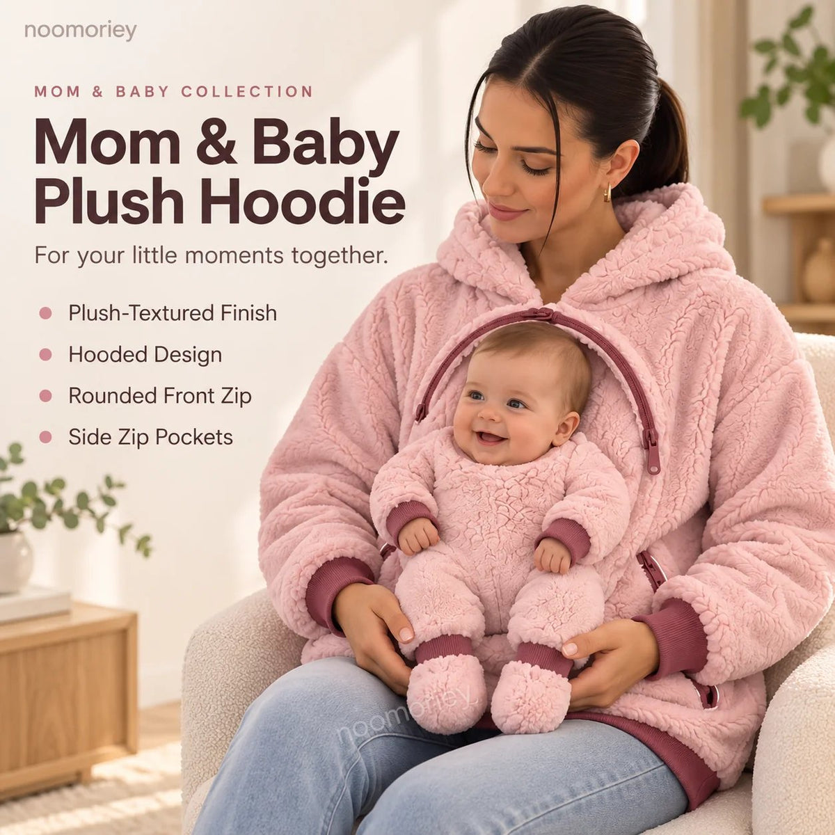 ⏰ LAST DAY 49% OFF - Mom & Baby Plush Hoodie – Cozy Pullover with Front Zip Panel