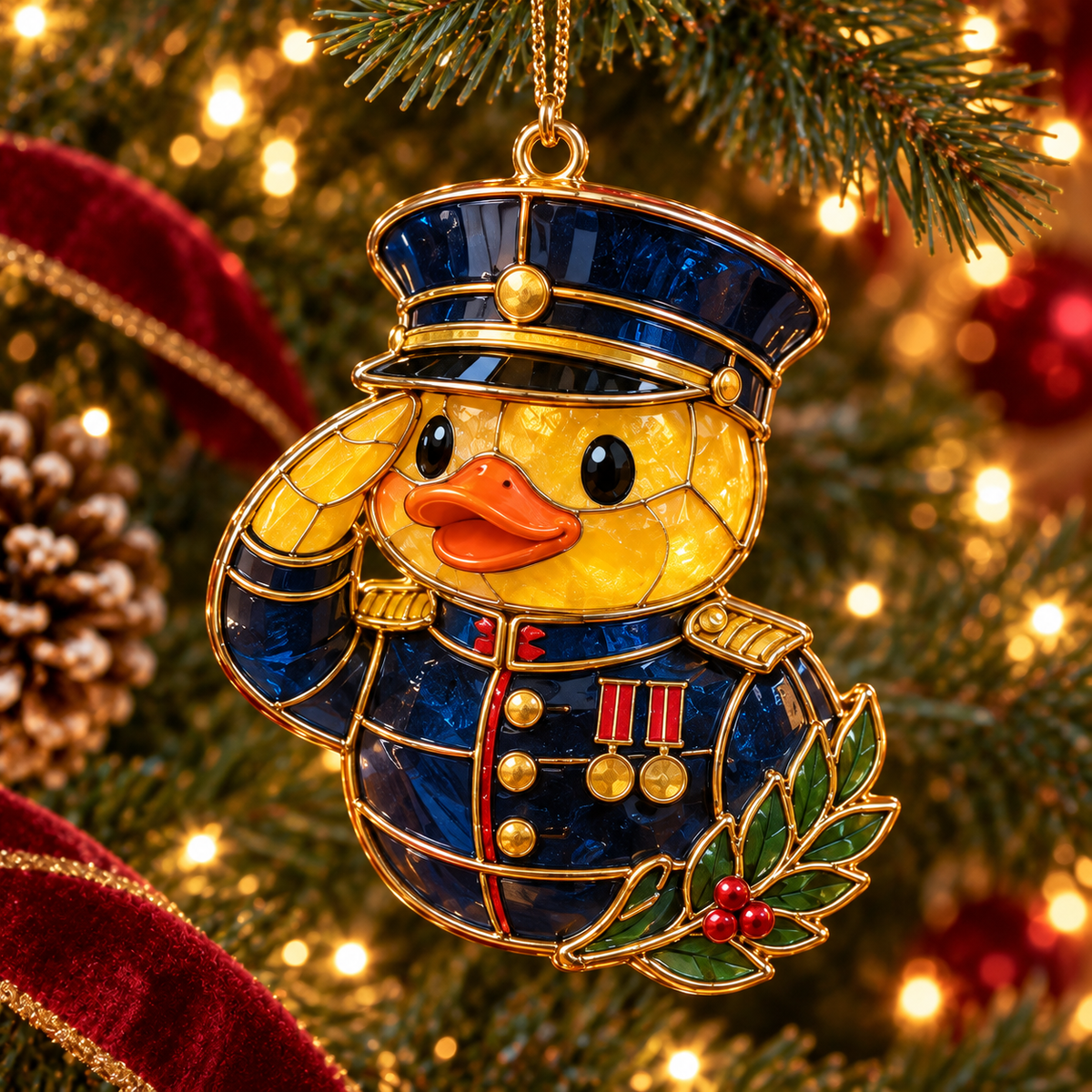 Military Duck Christmas Ornaments – 6-Piece Vintage Stained-Glass Style Gift Set