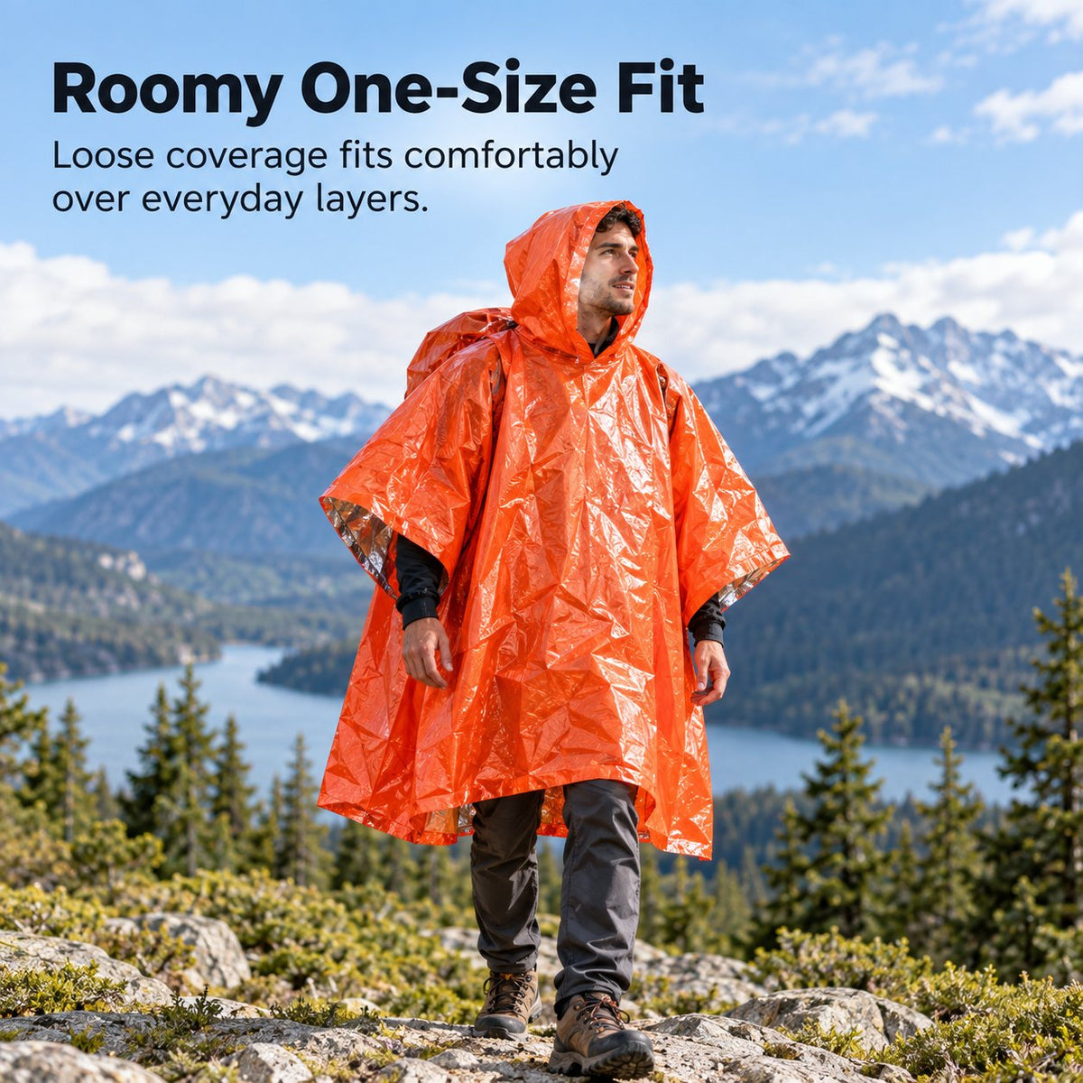 Emergency Rain Poncho Set with Storage Pouch, Aluminum Whistle & Carabiner